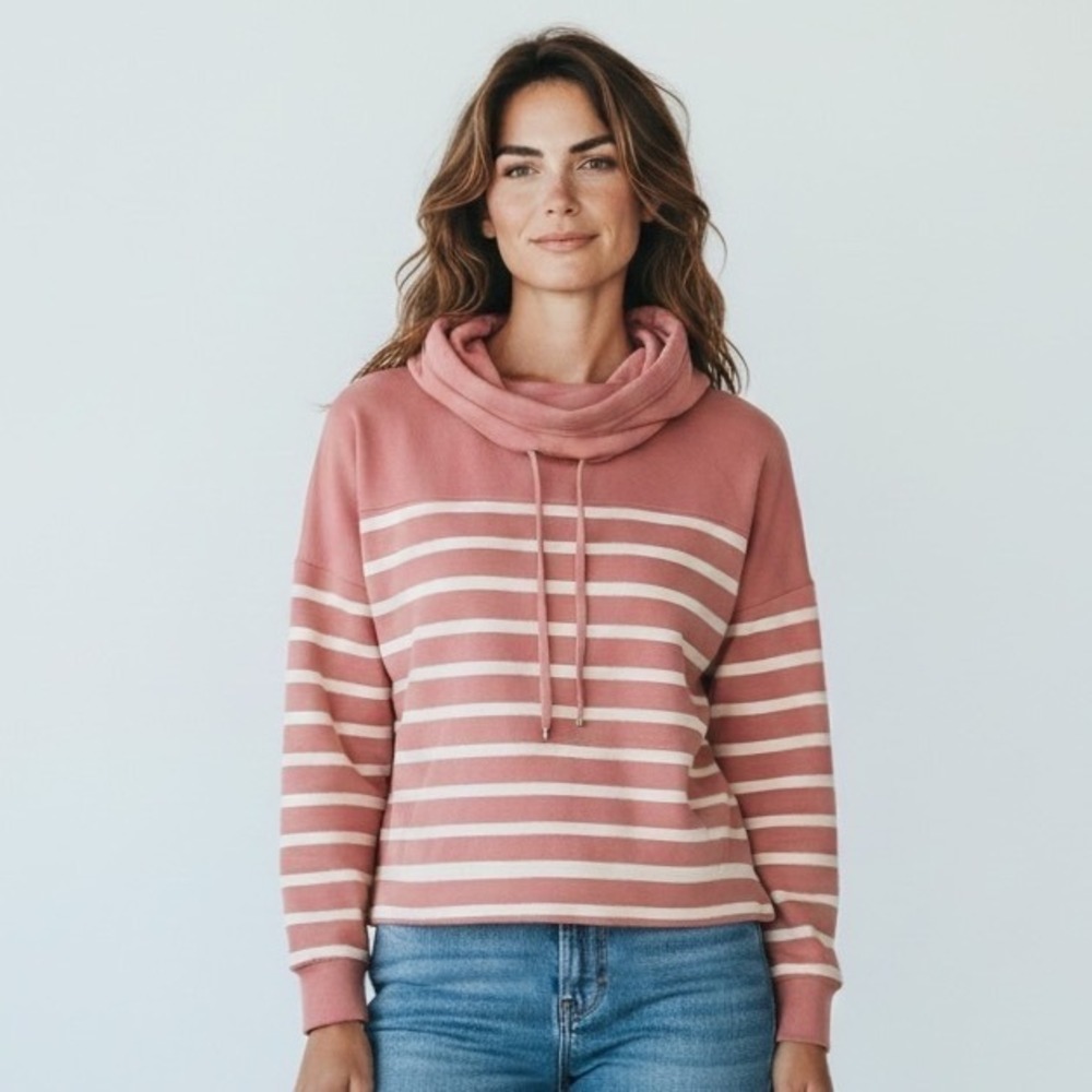 Lauren Ralph Lauren Pink Striped Cowl Neck Pullover Top Women M Nautical Relaxed